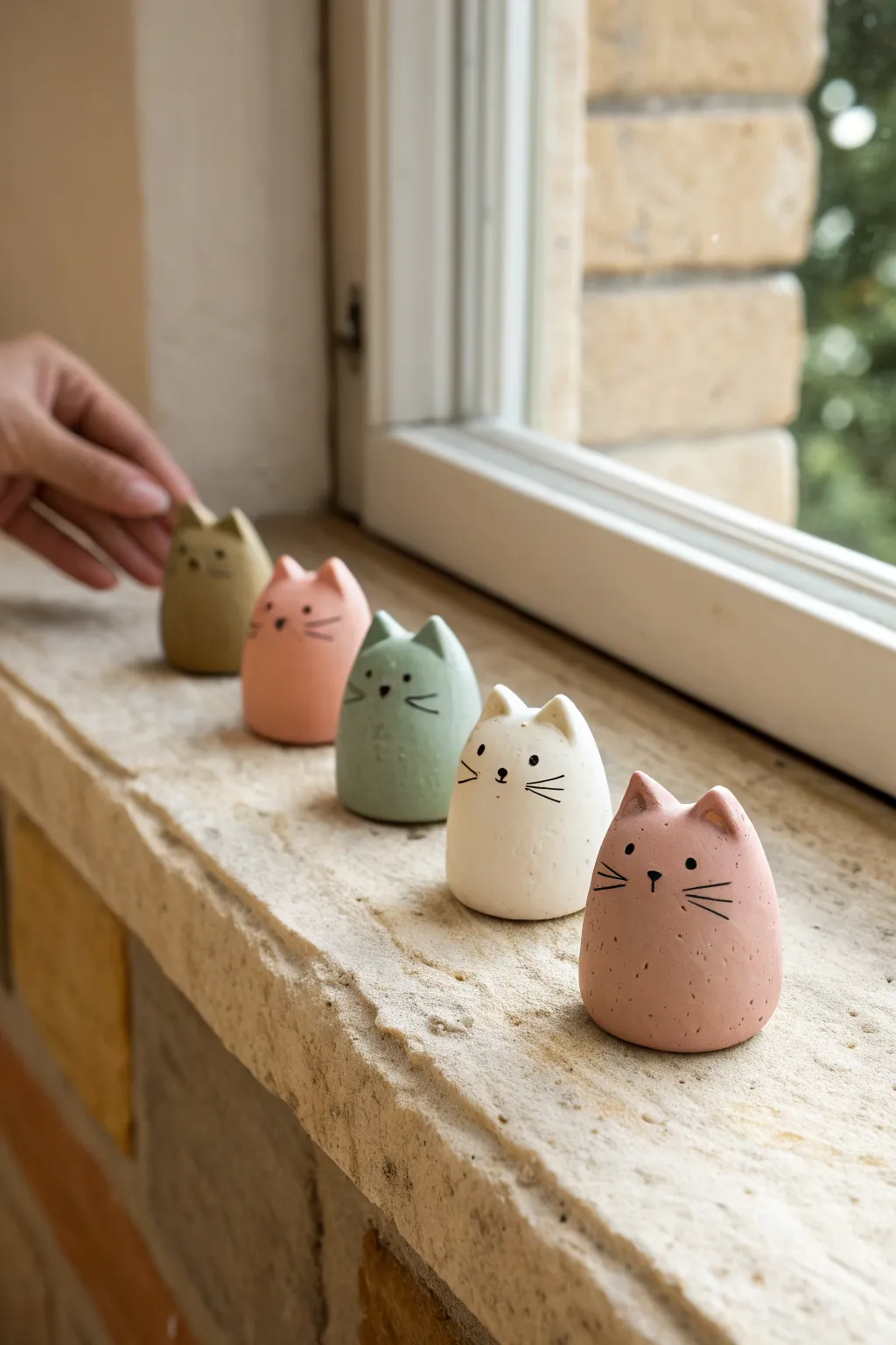 Mini clay cat sitters in four earthy colors, with carved whiskers and dot eyes, plus fingertip scale.