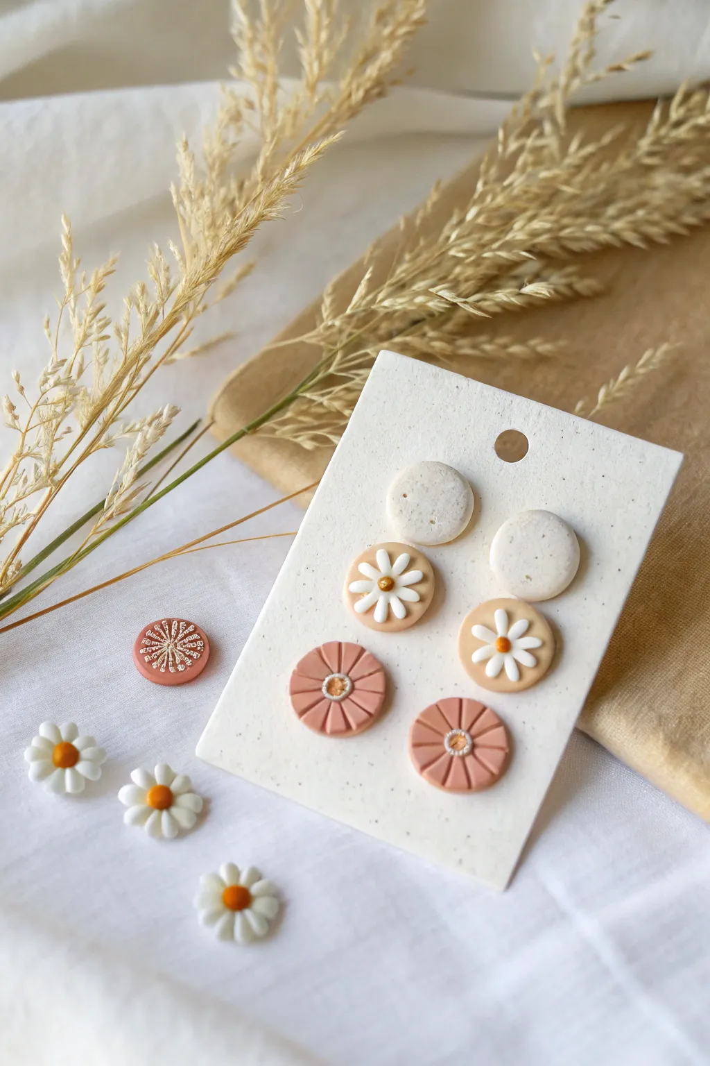 Tiny polymer clay stud earrings in simple circles, teardrops, and daisies on a clean white flat lay