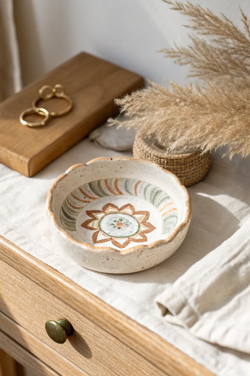 Mini wavy ring dish with a hand-painted center pattern, perfect for bedside jewelry storage.