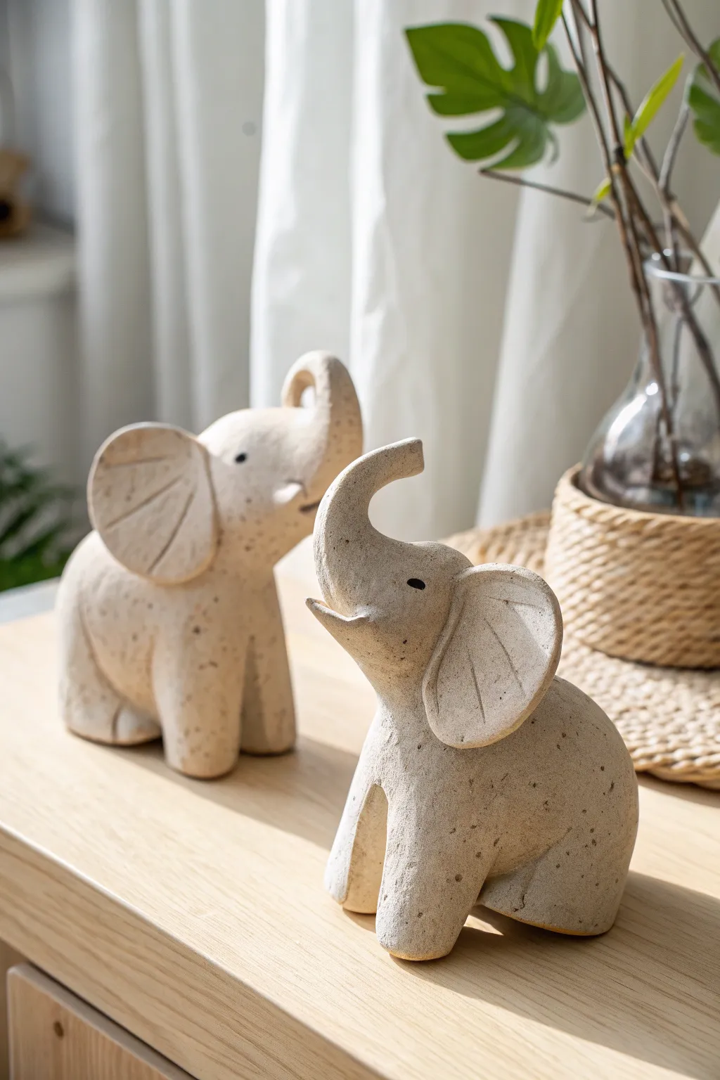 Tiny clay elephants with big ears, simple poses, and soft natural light for a calm minimalist look