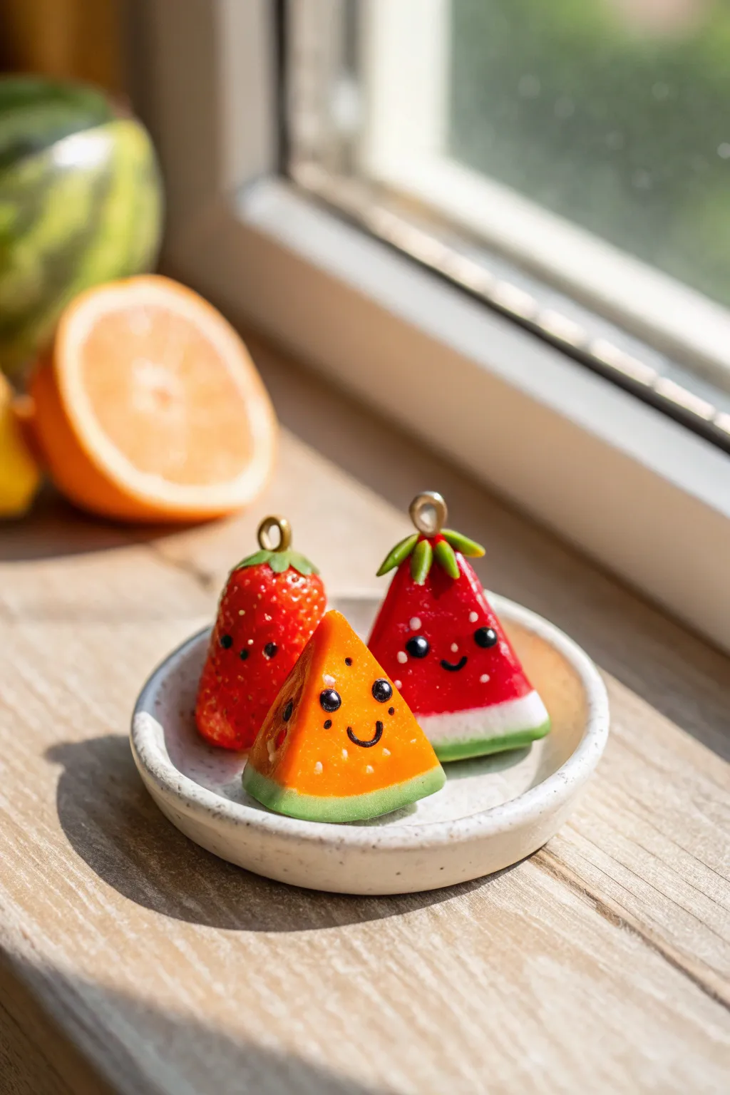 Micro fruit slice charms with sweet faces, glossy finish, and minimalist Scandinavian styling