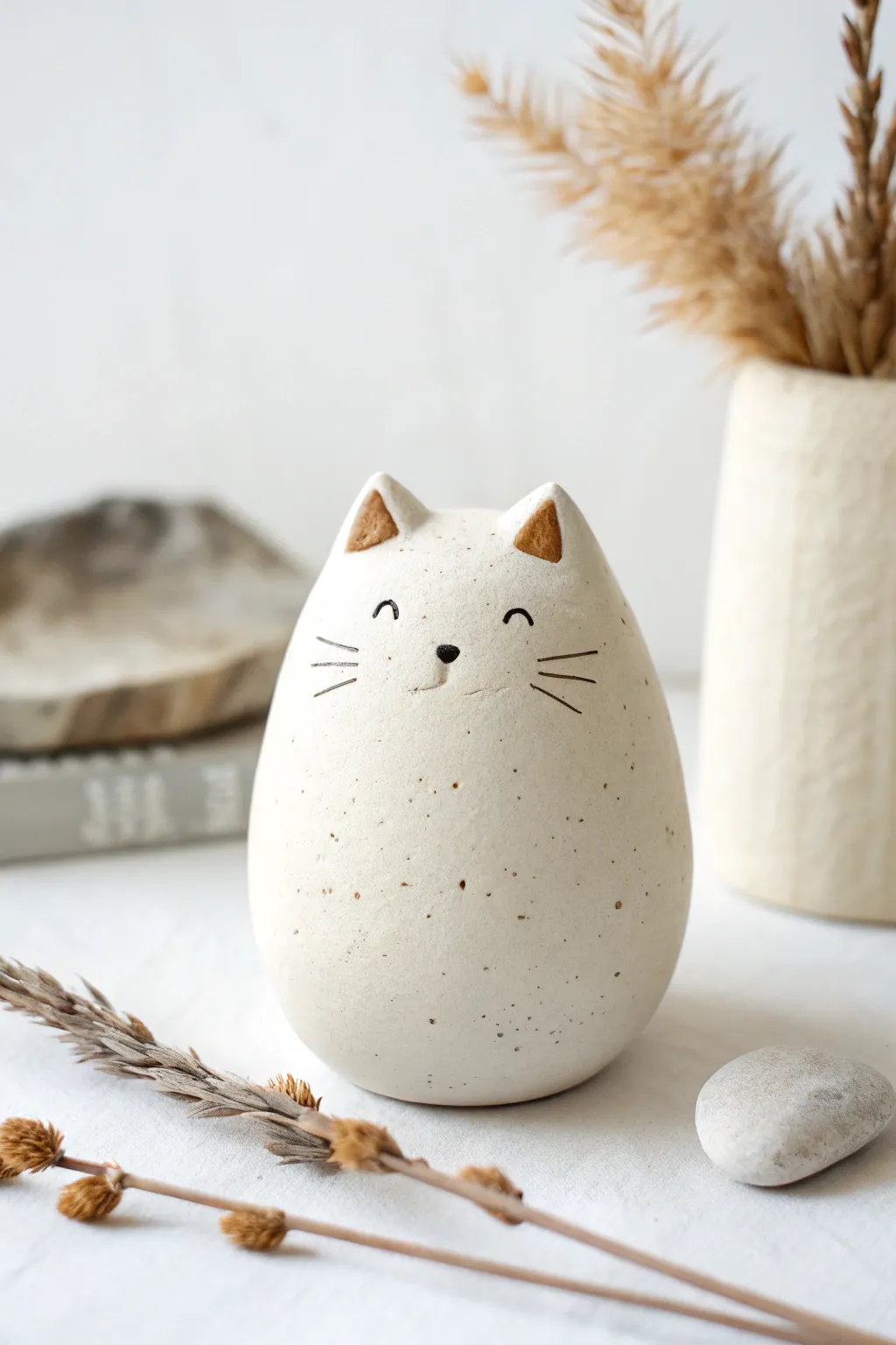 Easy soft-clay blob kitty with tiny paws, minimalist and sweet for a calm Scandinavian look.