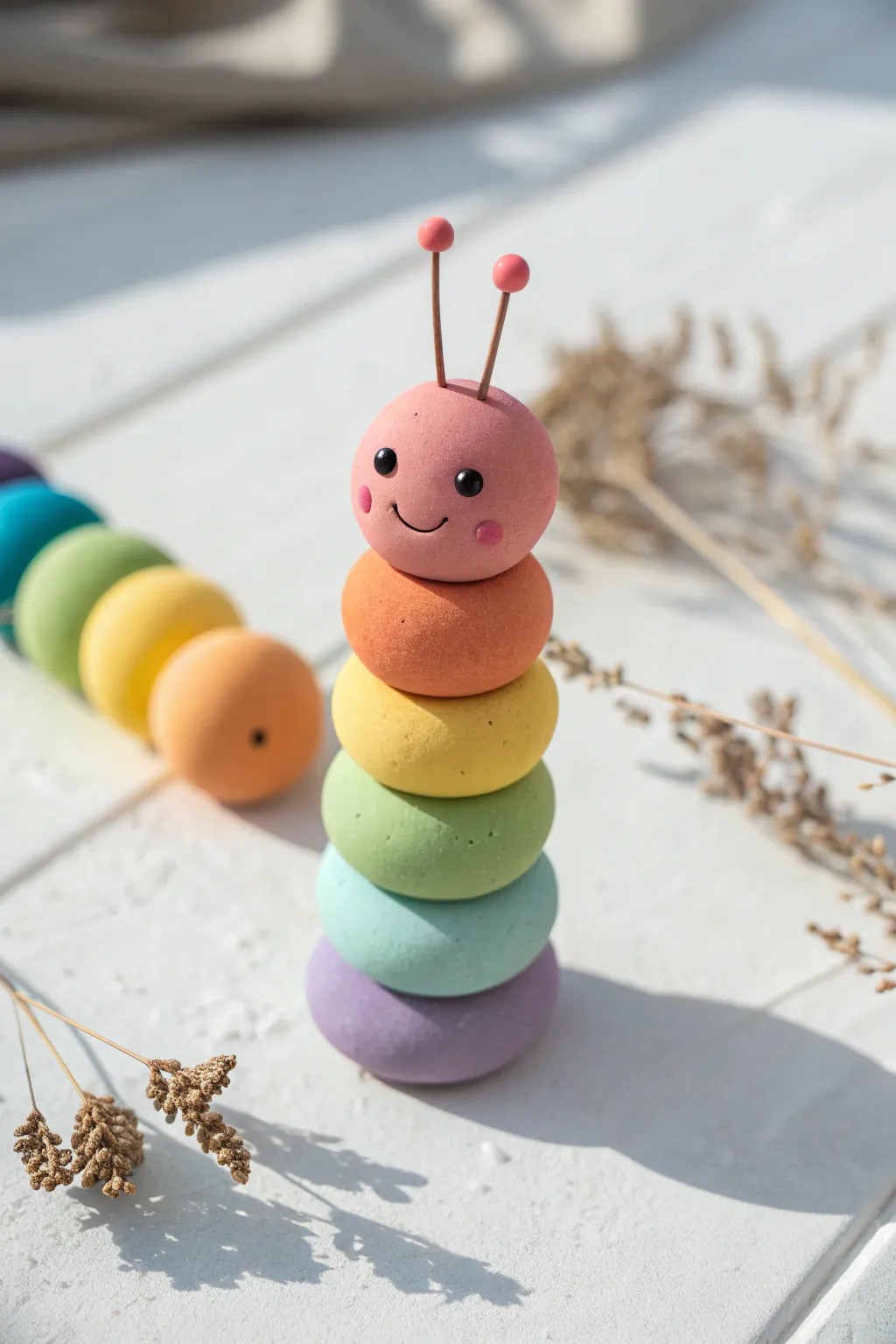 Rainbow roll-and-stack clay caterpillar with a cute face, minimalist styling, kid-friendly and bright