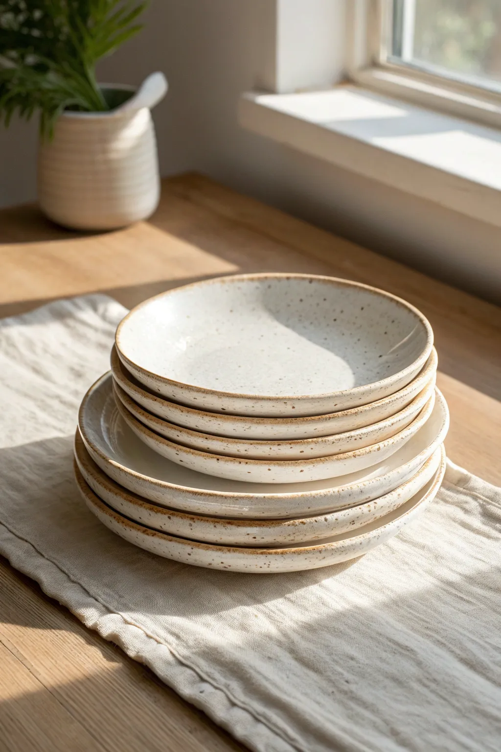 Soft slab plates with lifted rims, simple glaze, and organic edges for a calm table look.