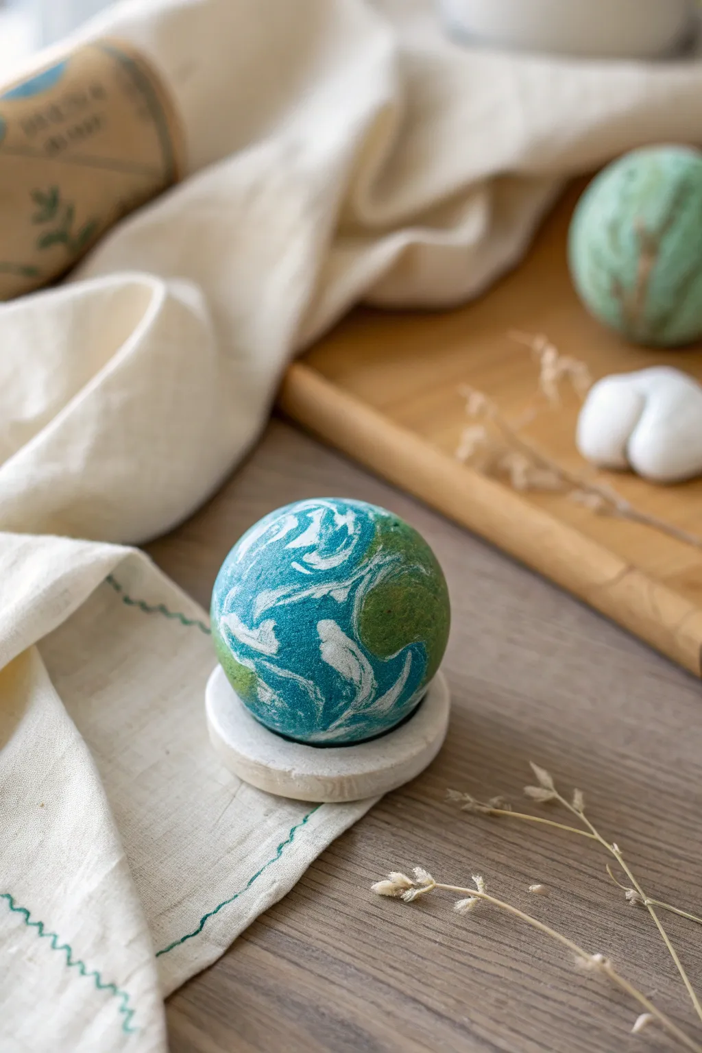 Marbled Earth mini planet: a simple clay sphere with oceans, land swirls, and cloud streaks.