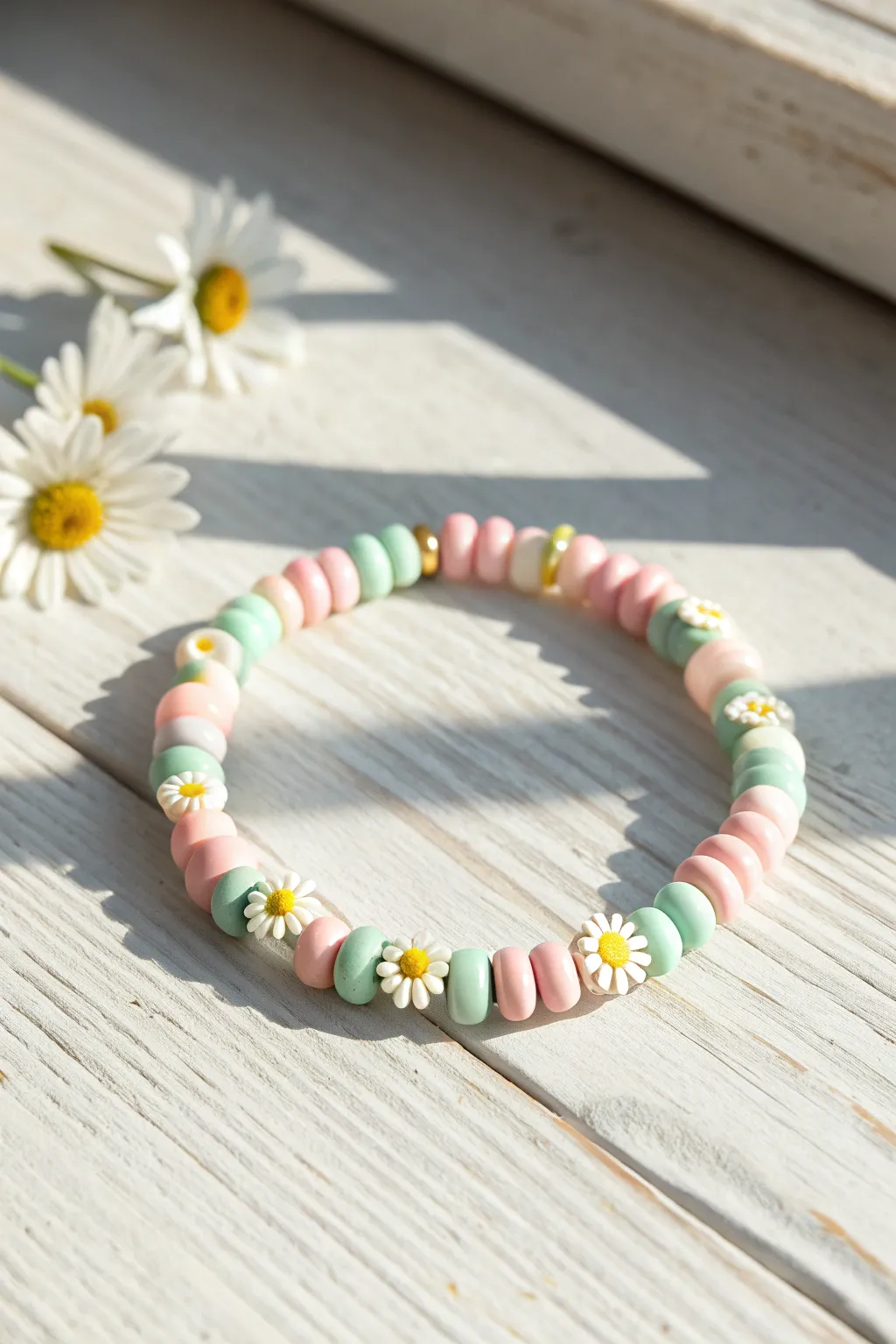 Spring-ready clay bead bracelet with pastel discs and daisy accents, glowing in sunlit simplicity.