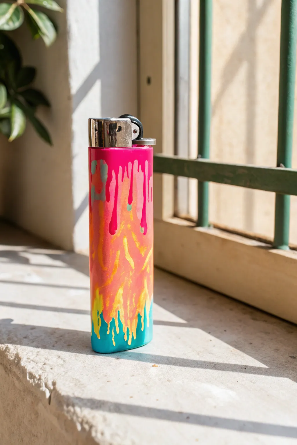 Neon drip polymer clay lighter case, glossy and trippy, perfect minimalist boho stoner decor.