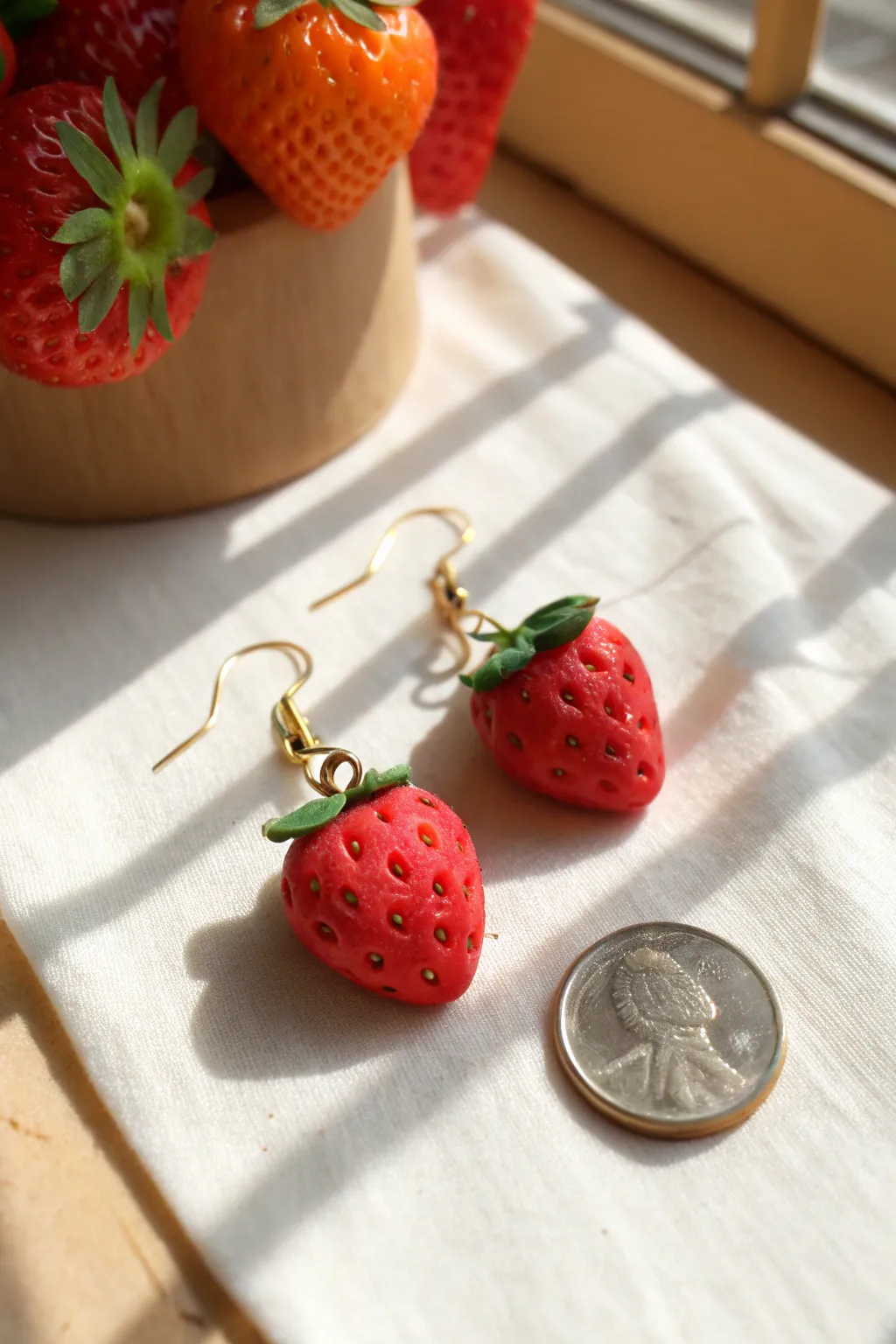 Mini strawberry clay dangle earrings with a simple scale reference, sweet and minimalist.