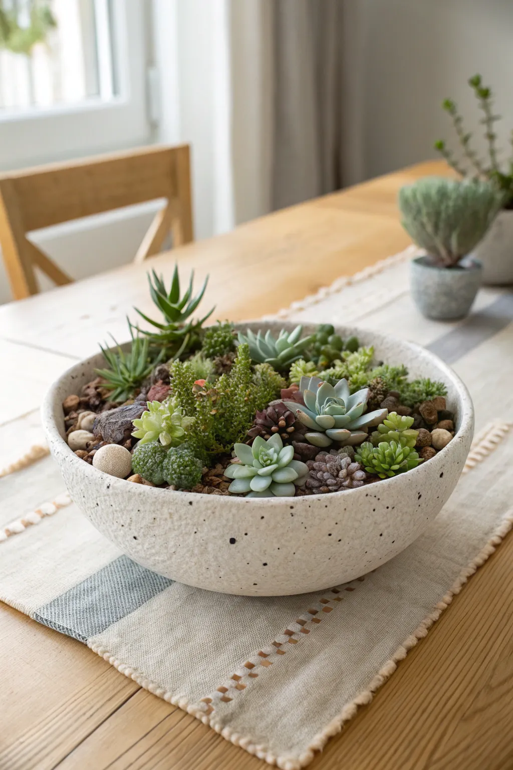Shallow ceramic bowl packed with succulents for a calm, modern centerpiece in natural tones.