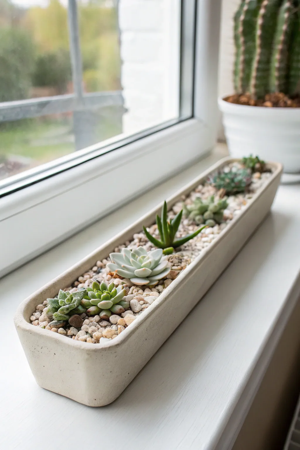 A long windowsill succulent trough with crisp gravel topdressing and calm Scandinavian style.
