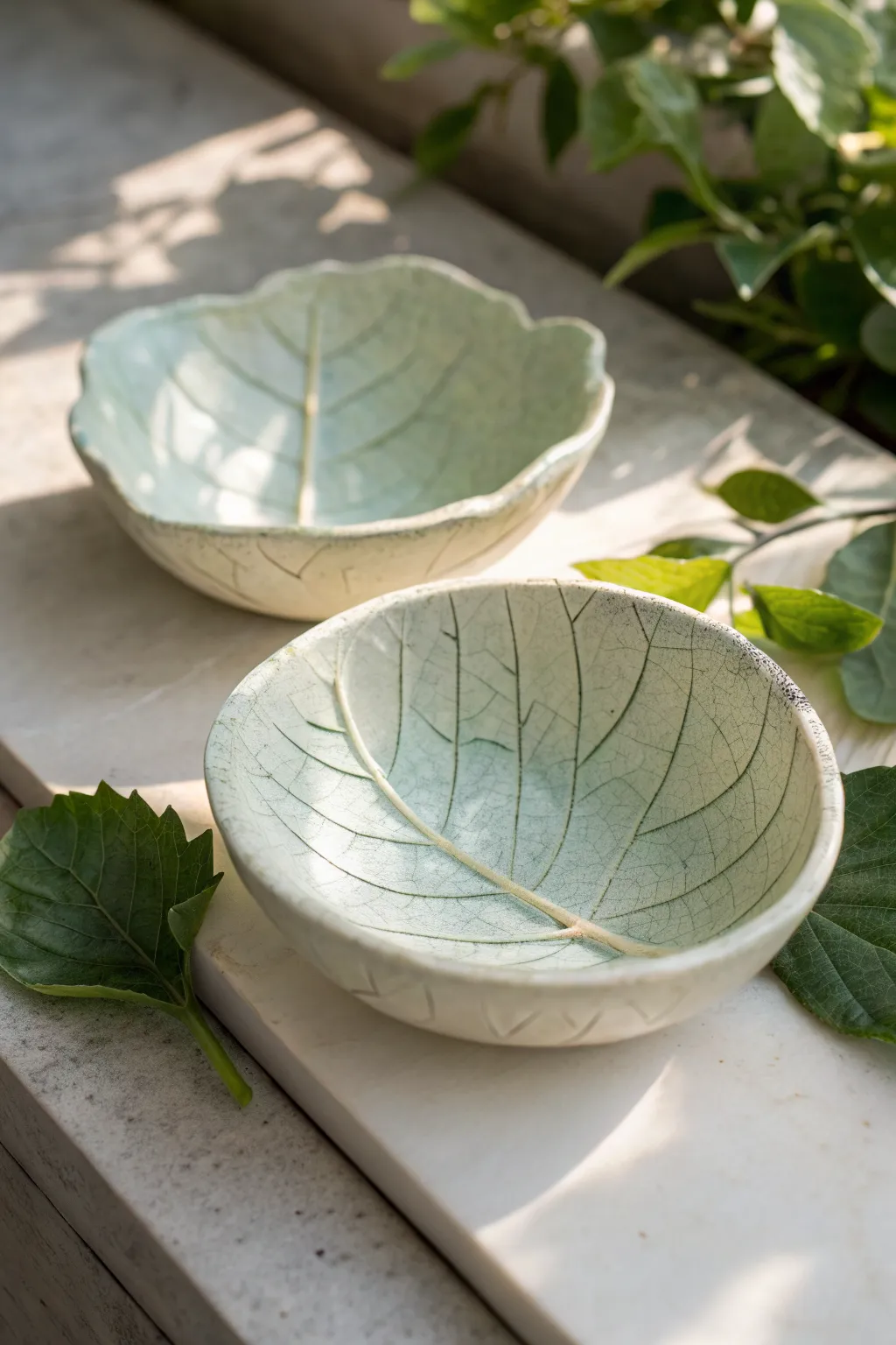 Leaf-imprint air dry clay bowls with a soft green wash, styled simply on pale stone.