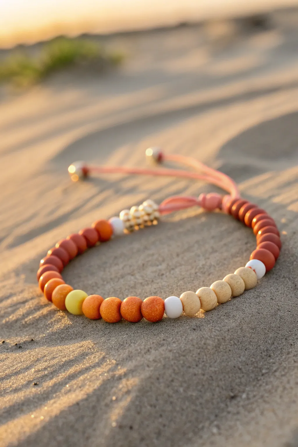 Sunset ombre clay bead bracelet in coral to yellow, finished with crisp white spacers.
