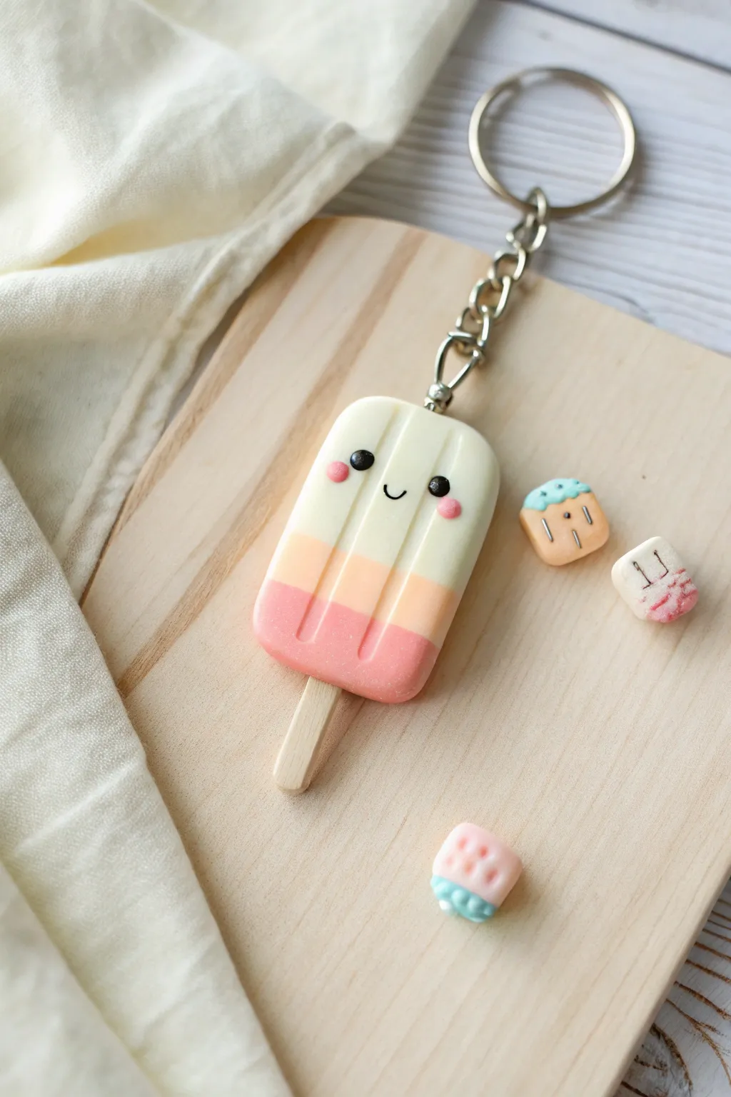 Pastel striped popsicle clay keychain, sweet summer vibes with minimalist Scandinavian charm
