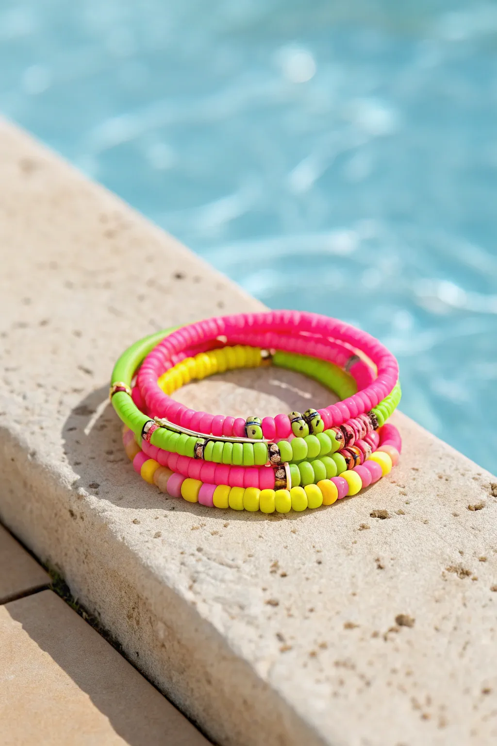 Neon clay bead bracelet stack for summer days, bold color pops against cool pool blue.
