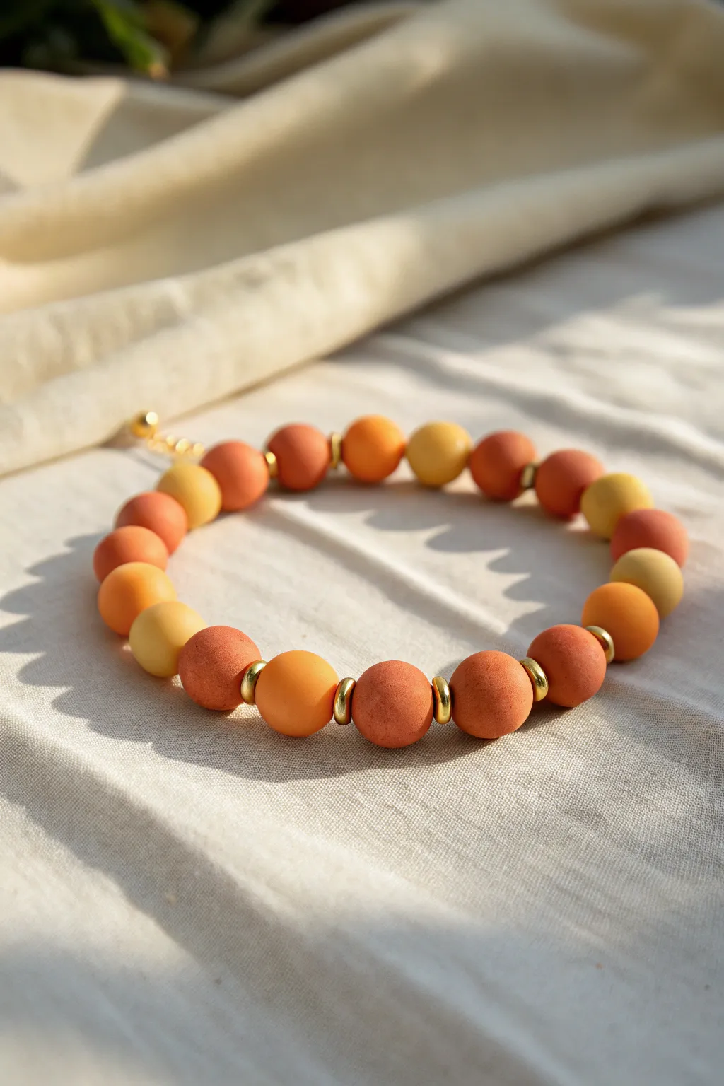 Golden hour clay bead bracelet in a sunny yellow-to-coral blend, simple, warm, and handmade.