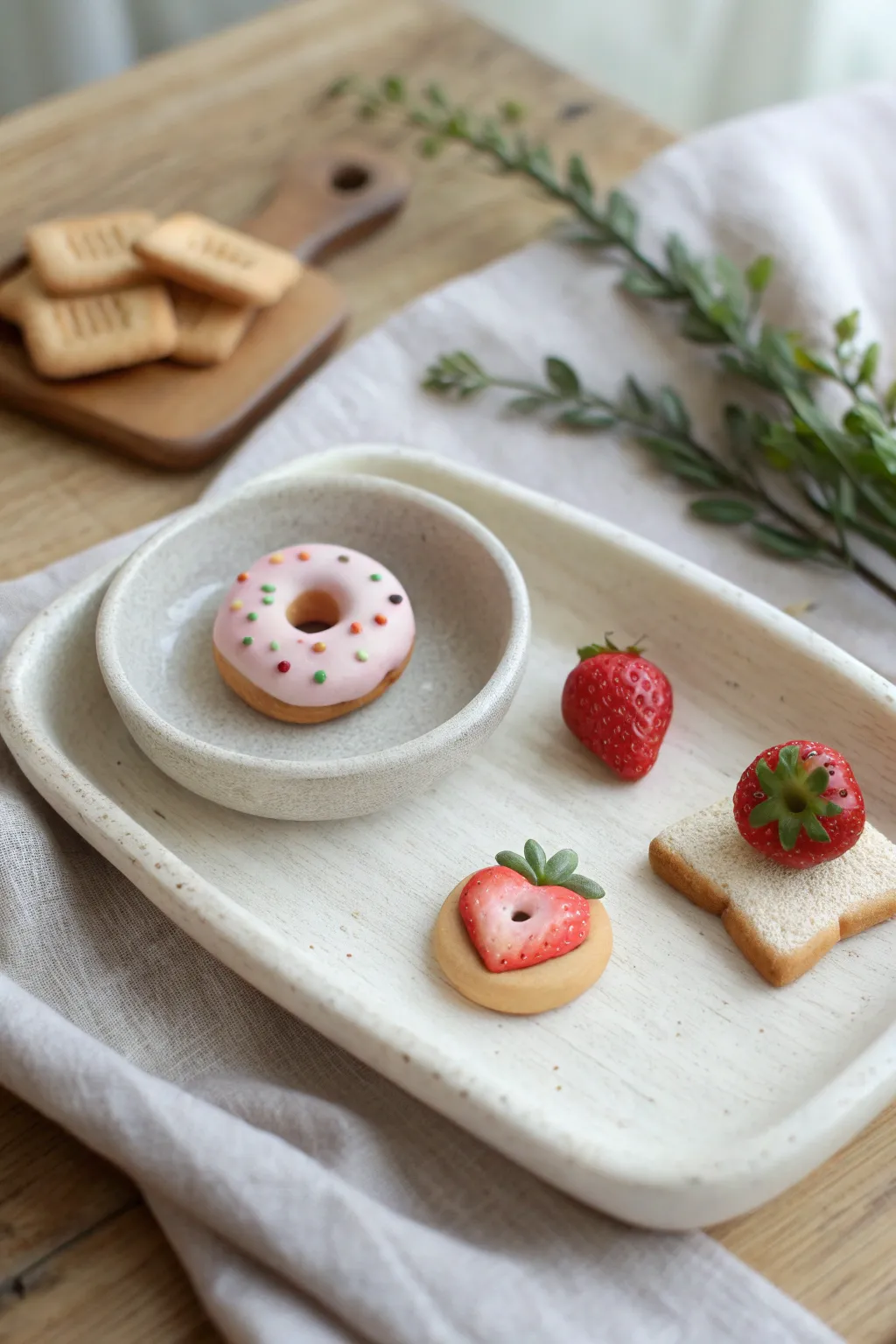 Sweet super clay mini food charms, styled in minimalist Scandinavian light for cozy boho vibes.