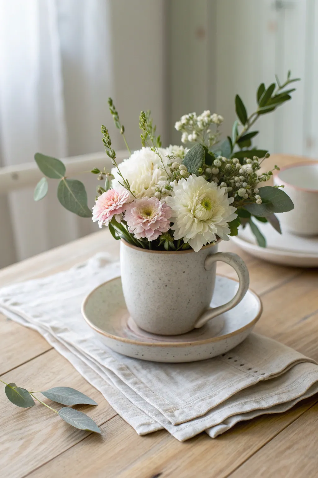 Fresh blooms in a teacup vase add simple, Scandinavian charm and a cozy boho touch to any table.