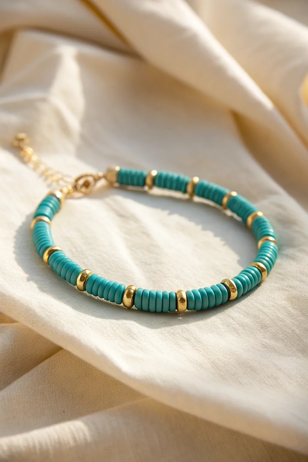 Teal heishi beads with evenly spaced gold spacers for a clean, modern rhythm.