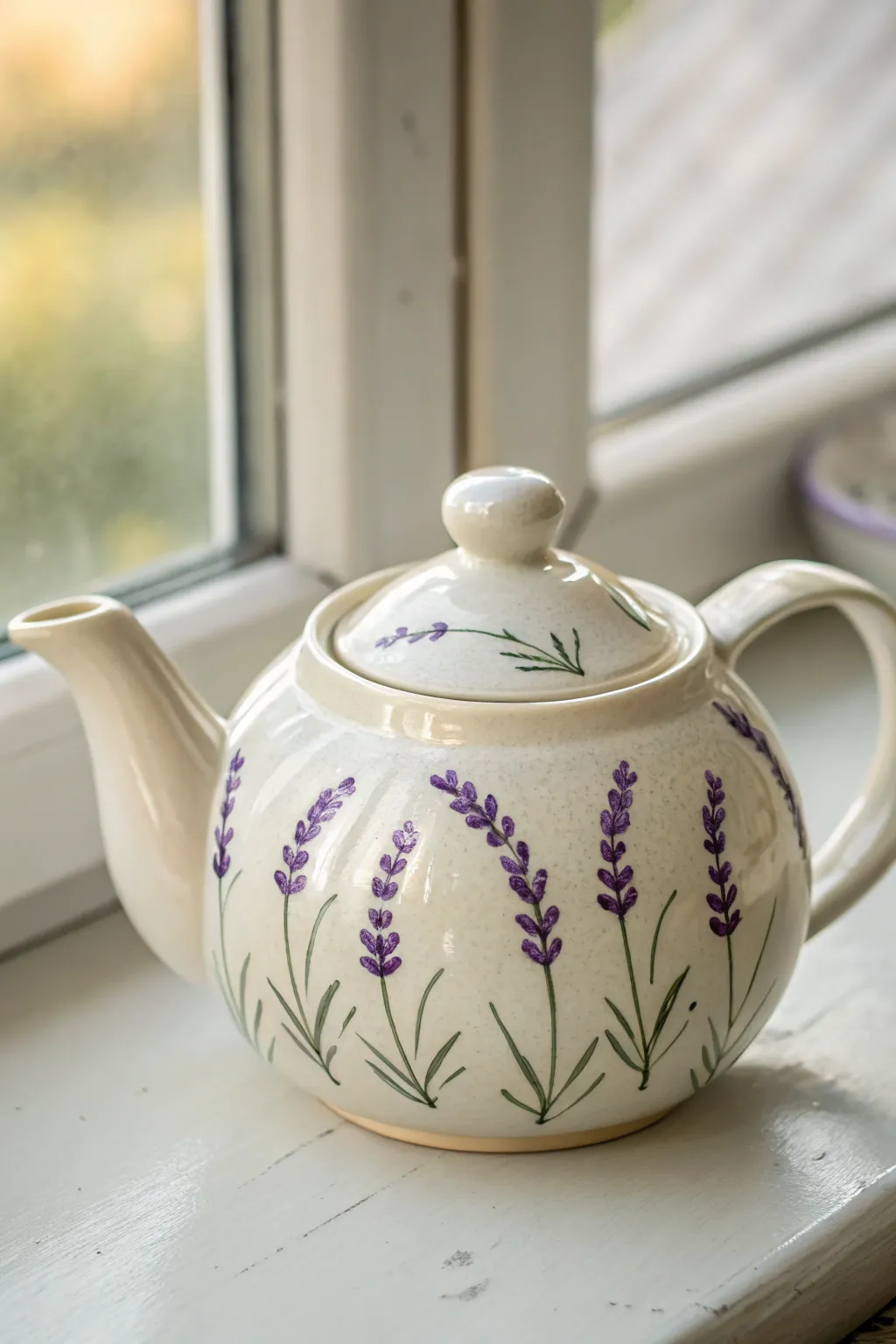 Simple lavender sprigs on a bright teapot for a calm, minimalist cottage-boho look
