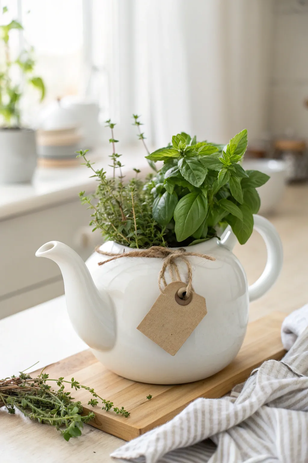 Minimal teapot herb planter with a simple blank tag label, perfect for a cozy kitchen counter