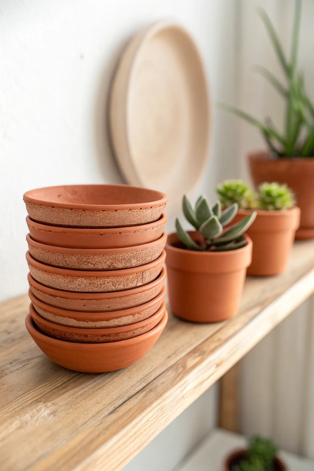 Mini terracotta seedling dishes stacked with petite planters for a calm boho shelf moment.