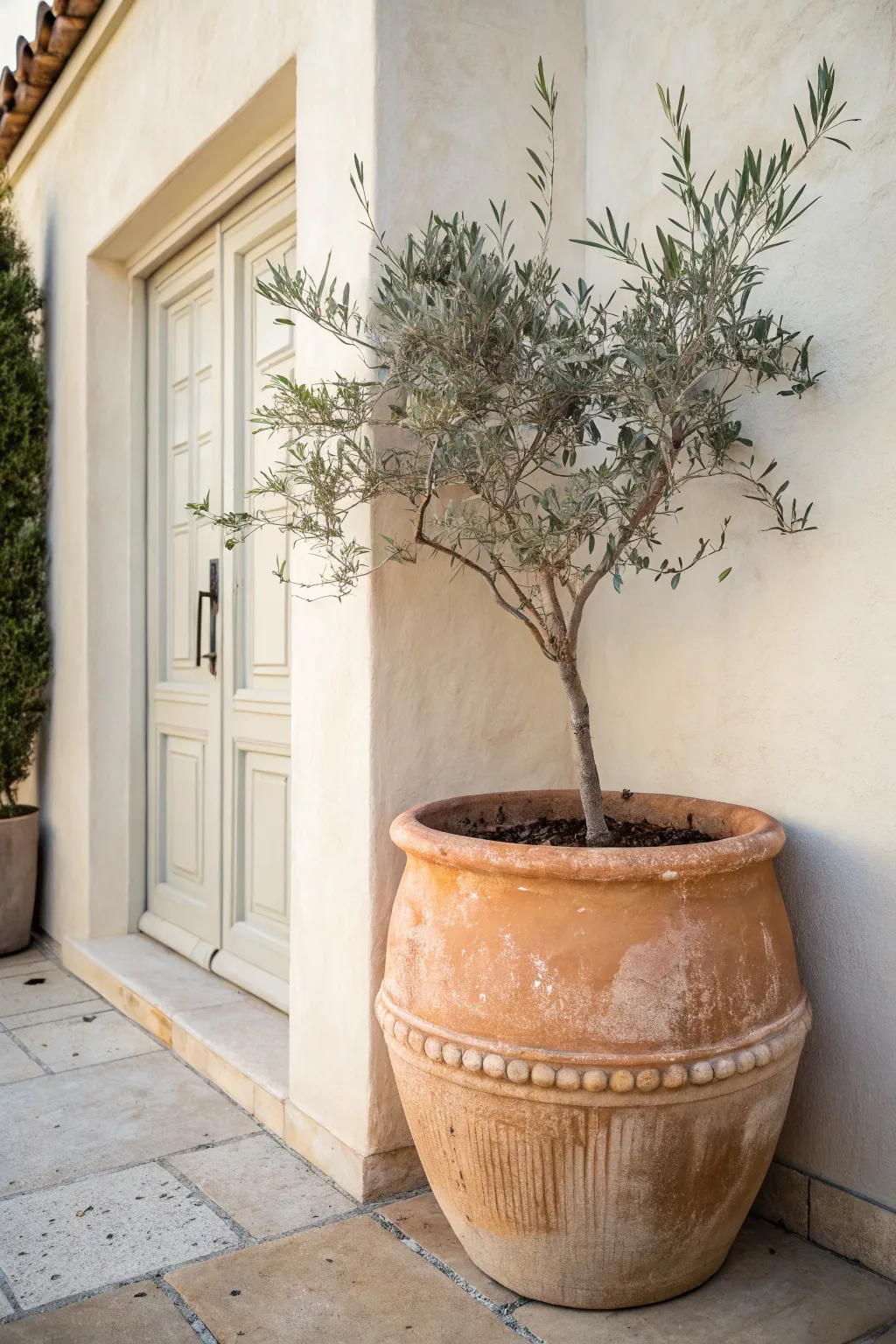 Oversized statement terracotta planter by the doorway, one bold plant for calm sculptural impact.