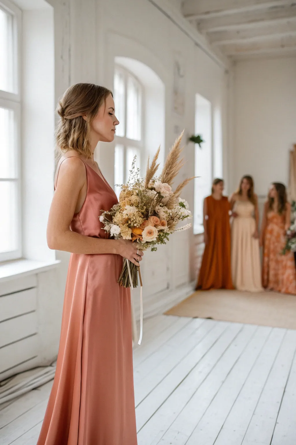 Terracotta bridesmaid dress palette from clay to rust, simple bouquets, soft Nordic light