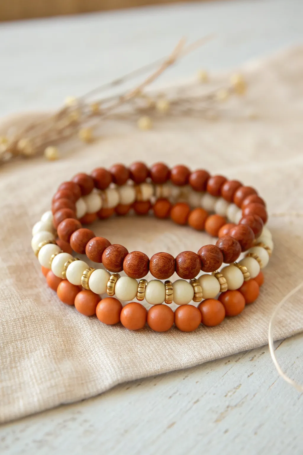 Burnt orange and cream clay bead bracelet stack with tiny gold spacers for a warm Thanksgiving glow.