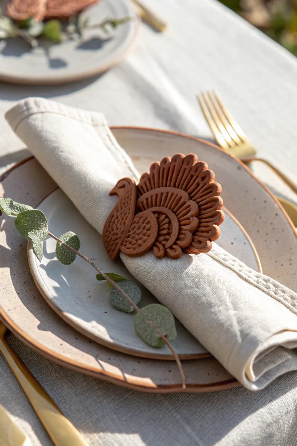 Simple clay turkey napkin rings for a cozy minimalist Thanksgiving table setting at home