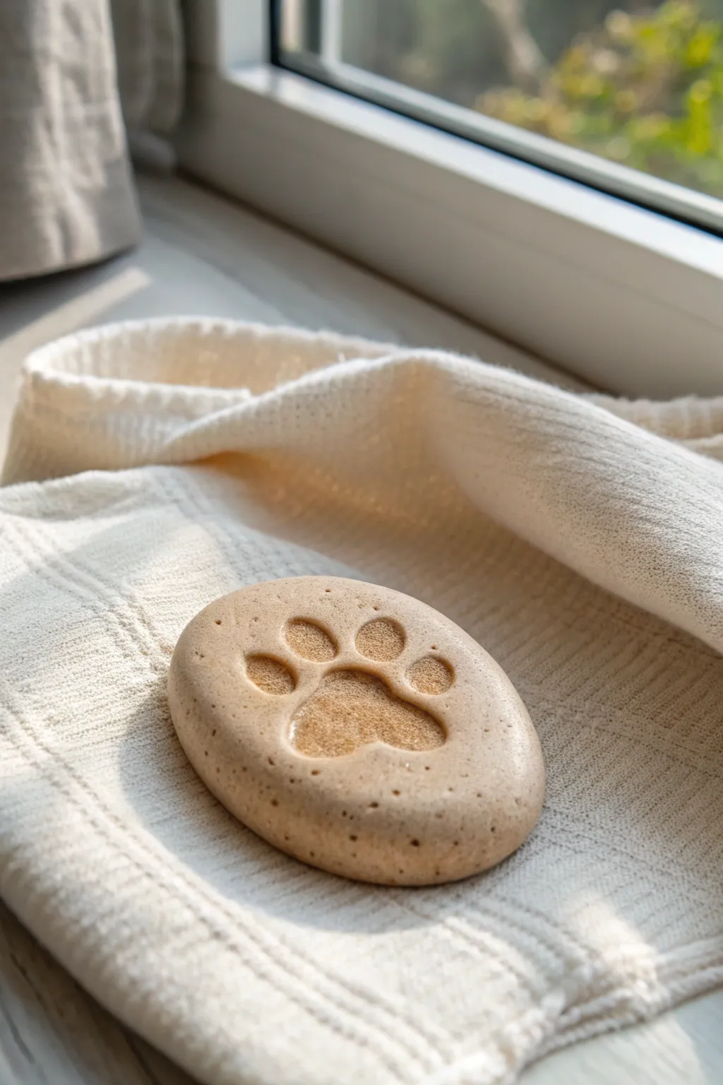 A soothing pocket paw worry stone in soft clay, simple, tactile, and ready for everyday calm.
