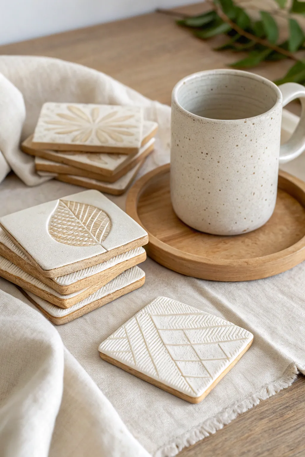 Minimalist slab clay coasters with pressed texture, stacked neatly with one under a cozy mug.