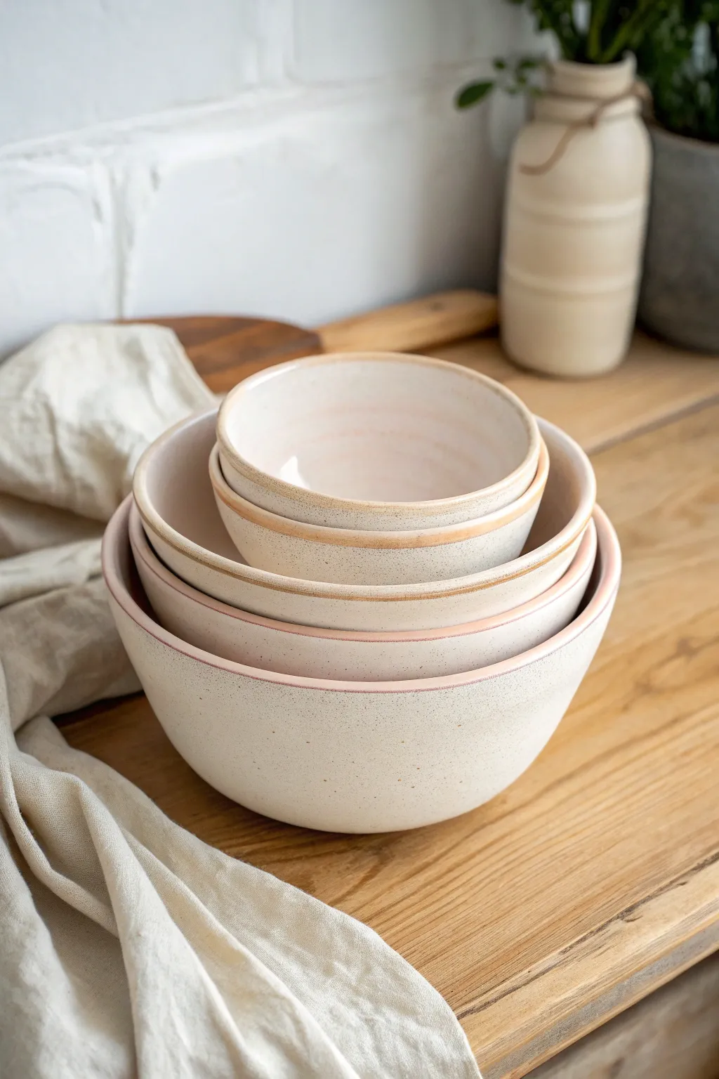 Stacked satin-glazed bowls with smooth curves, a simple thrown pottery idea for snacks and cereal.