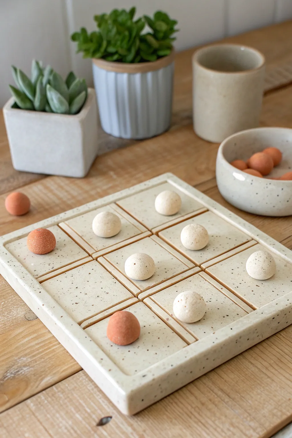 Minimalist clay tic tac toe tile with raised grid and smooth markers, calm Nordic boho vibe.