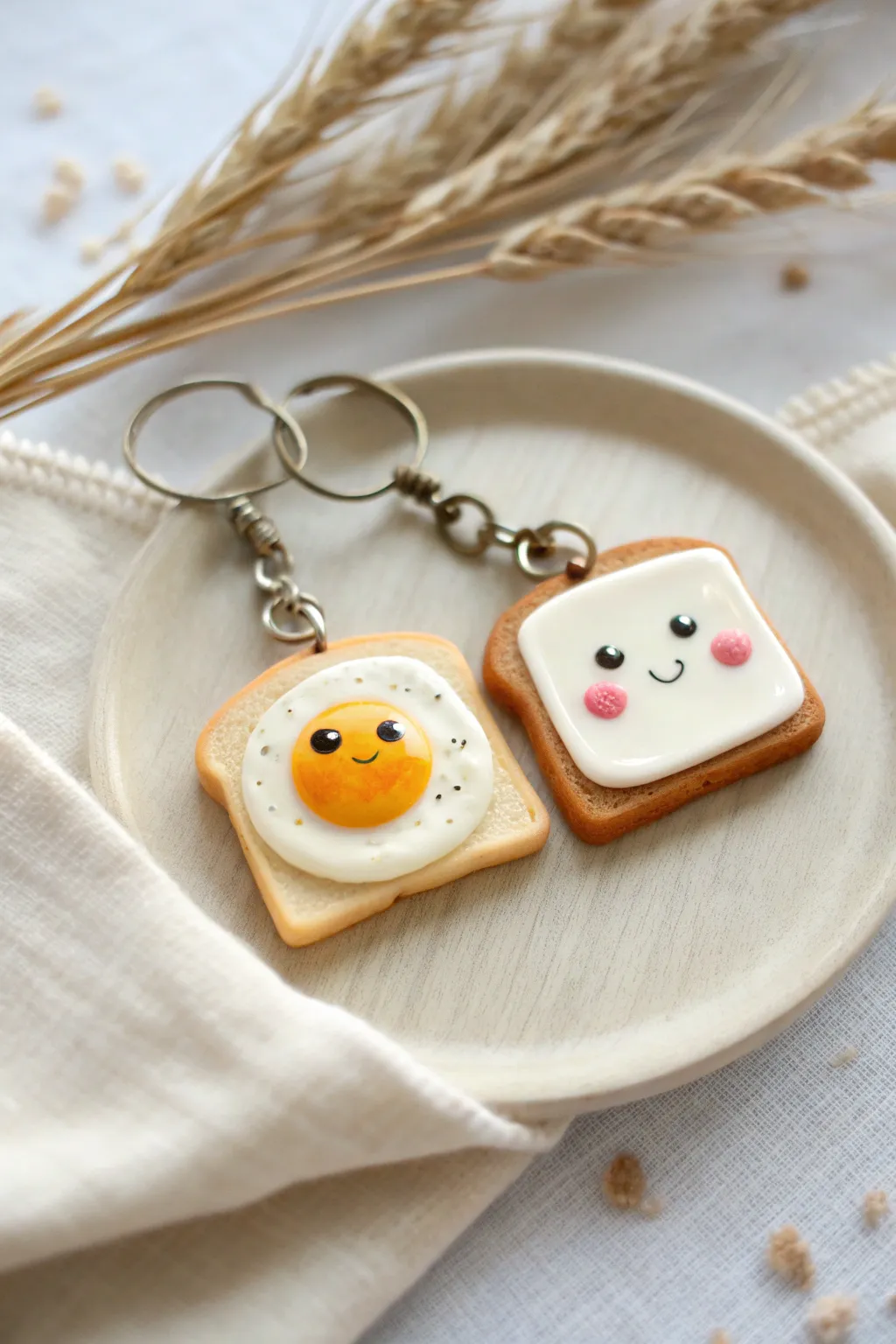 Mini toast and sunny egg besties charms with sweet faces, minimal boho styling and crisp contrast.