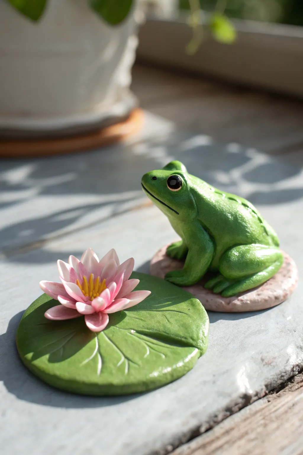 Mini clay frog on a lily pad with a tiny pink bloom, playful pond vibes in minimalist style