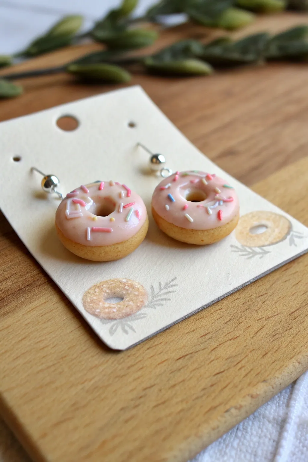 Tiny donut stud earrings in polymer clay, minimalist styling with sweet icing and sprinkles.