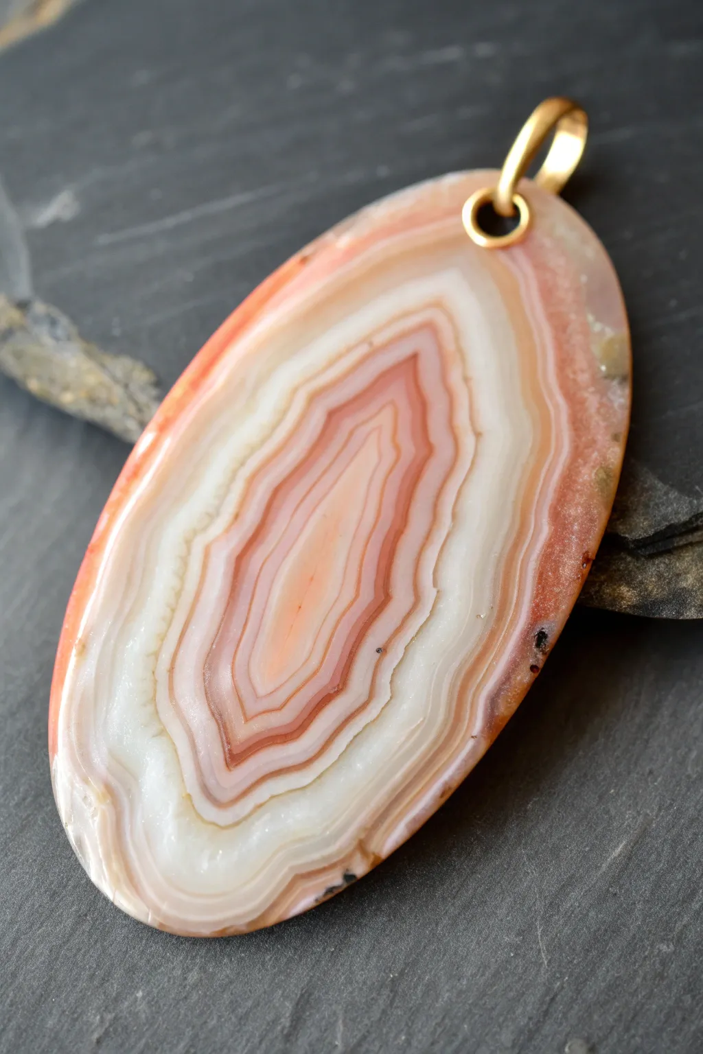 Glowing faux agate pendant in translucent clay, softly backlit for luminous banded layers.