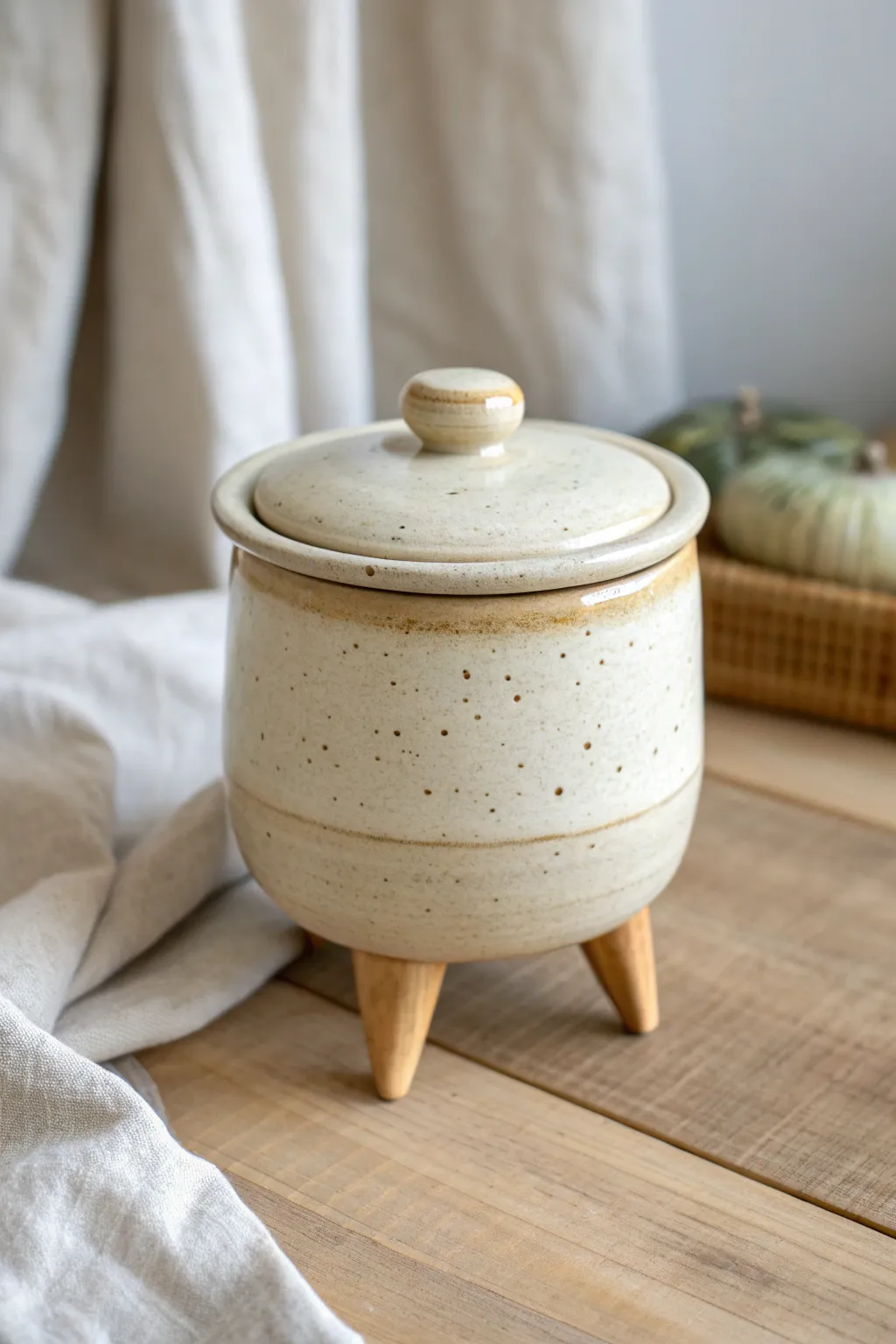 Squat lidded tripod jar with satin glaze and chunky feet, perfect for minimal pantry storage