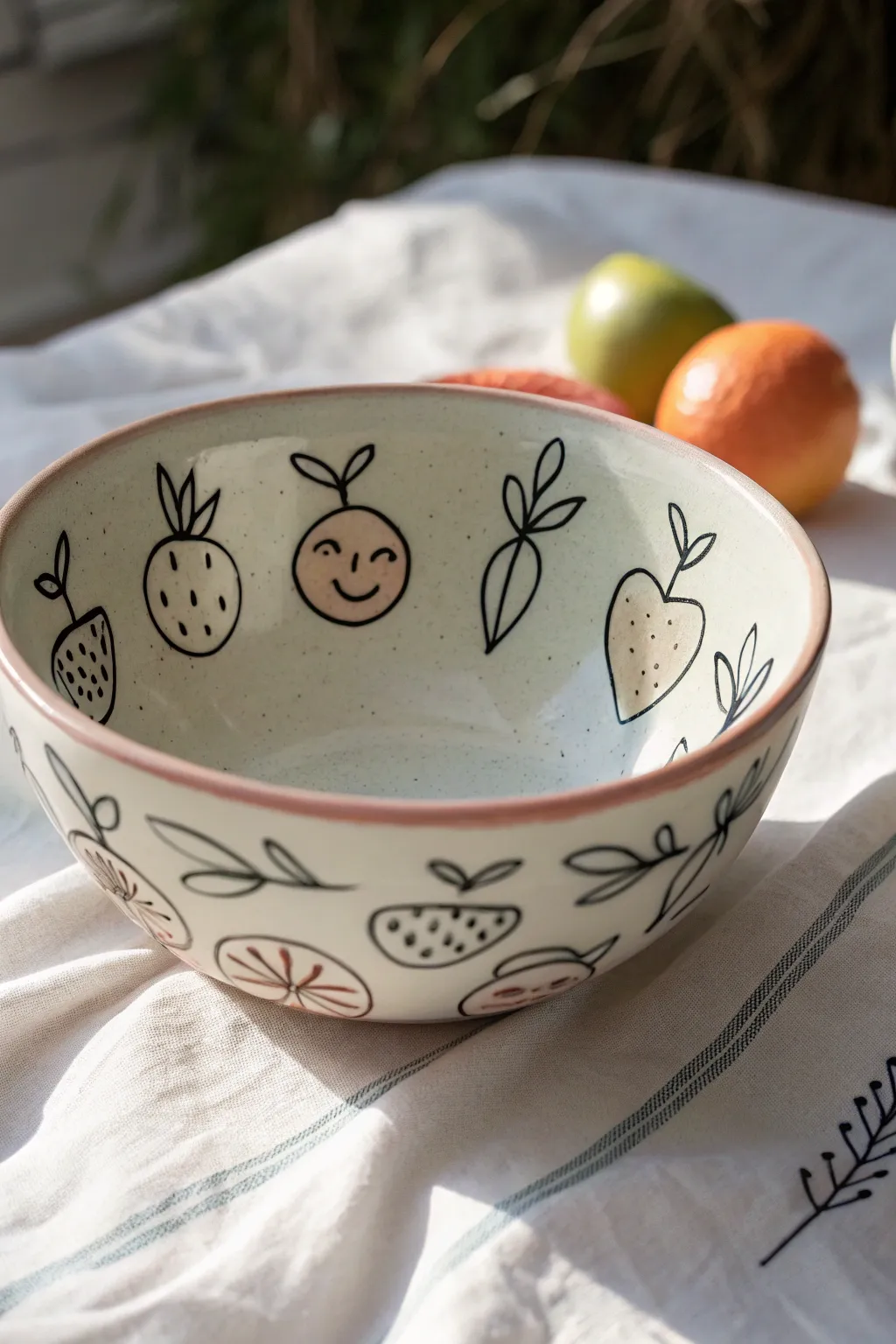 Crisp black underglaze doodles with soft color fills, sealed under clear glaze for clean lines