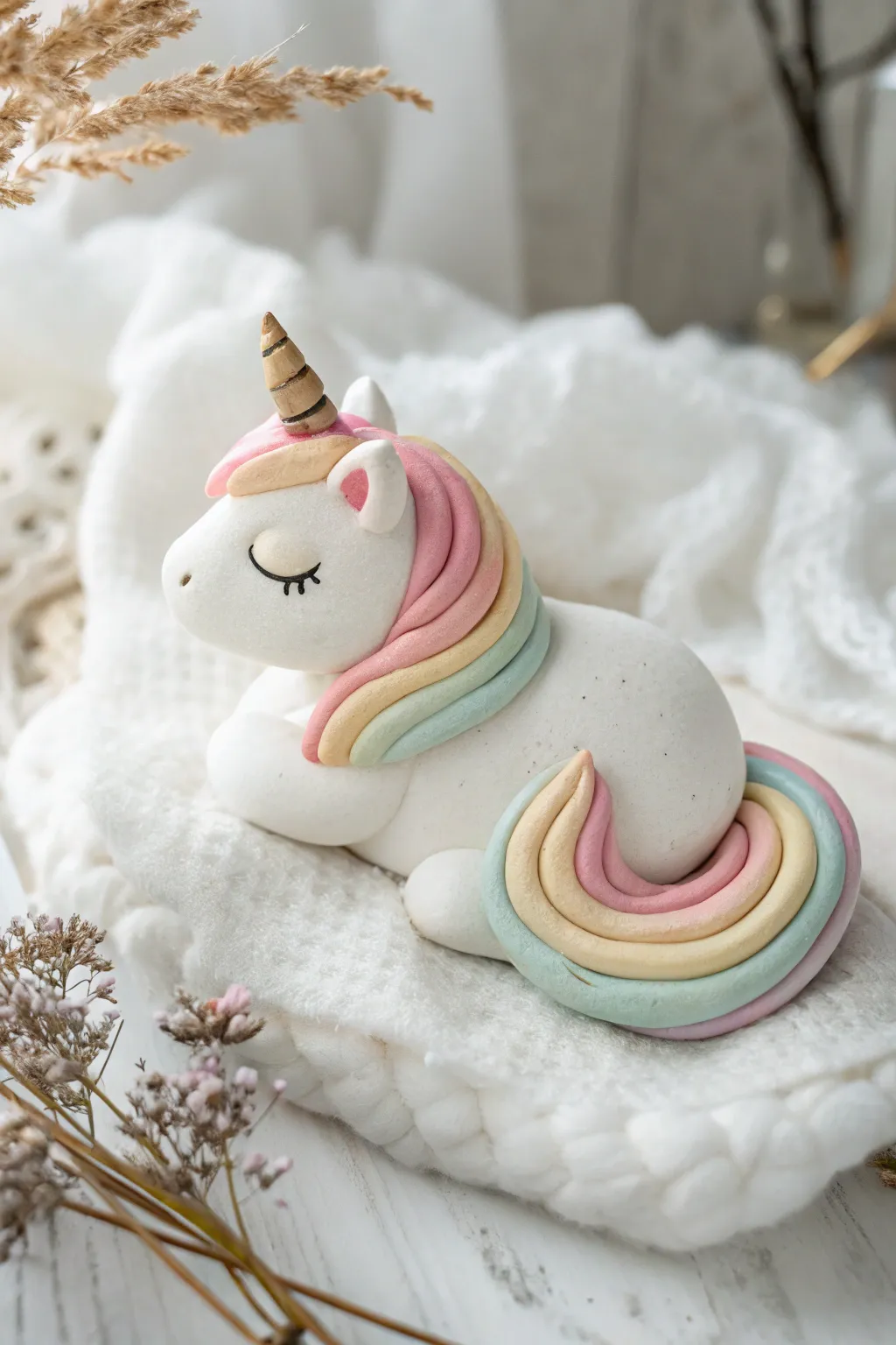 Dreamy sleeping unicorn clay sculpture with chunky rainbow mane on soft cloud-like white backdrop.