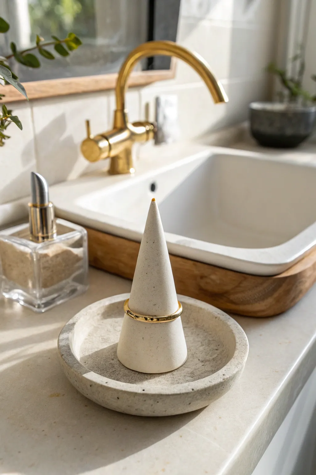 Minimal cone ring holder with a soft off-white finish and a delicate metallic tip detail