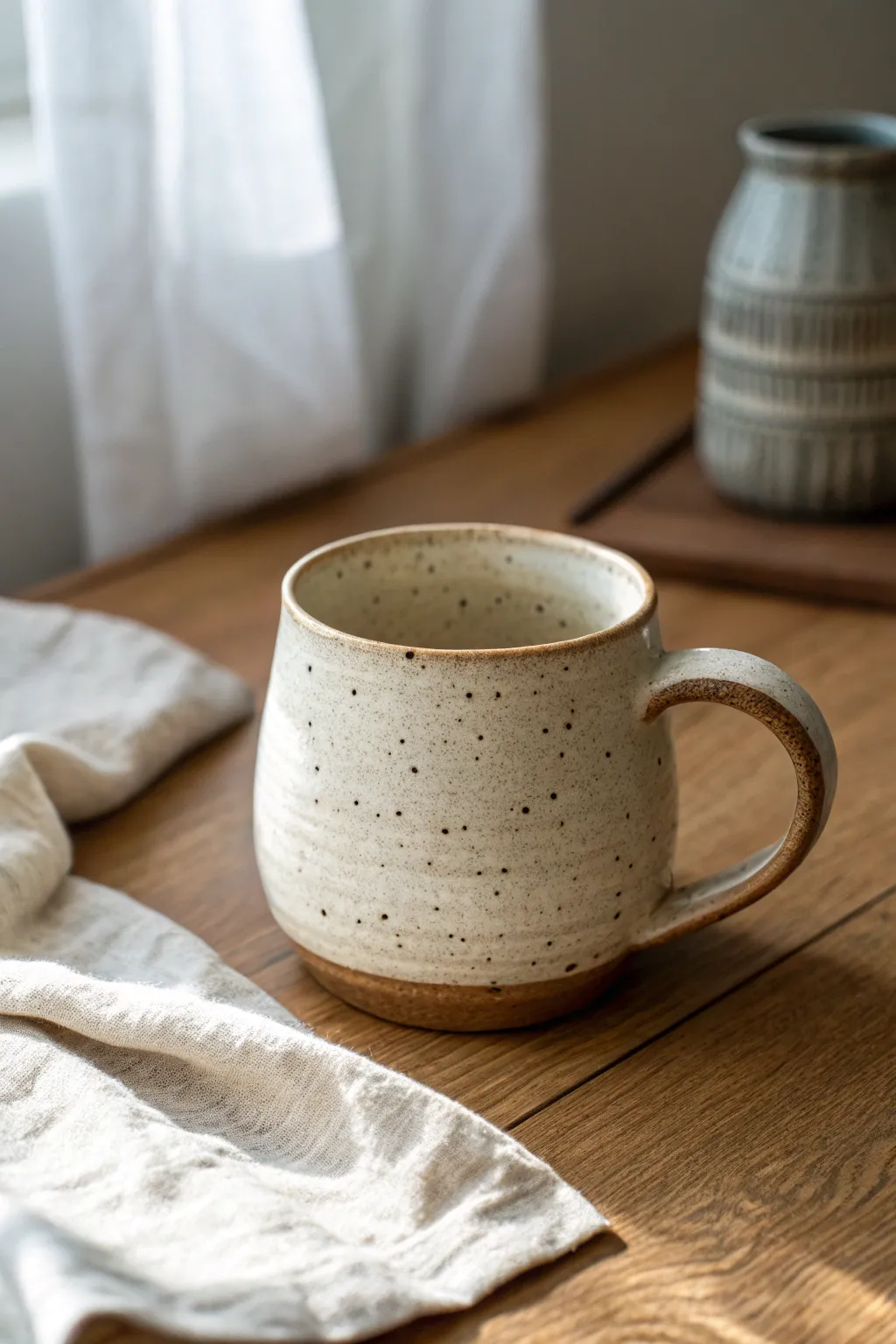 Speckled glaze mug with a rounded belly, warm and minimal on pale wood in soft daylight.
