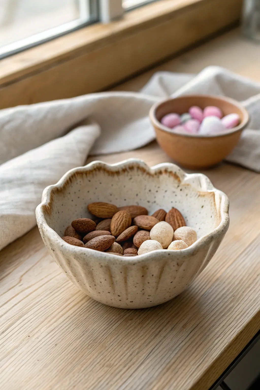 Wavy rim snack bowl in soft neutral glaze, styled minimally with nuts for a chic, handmade look.