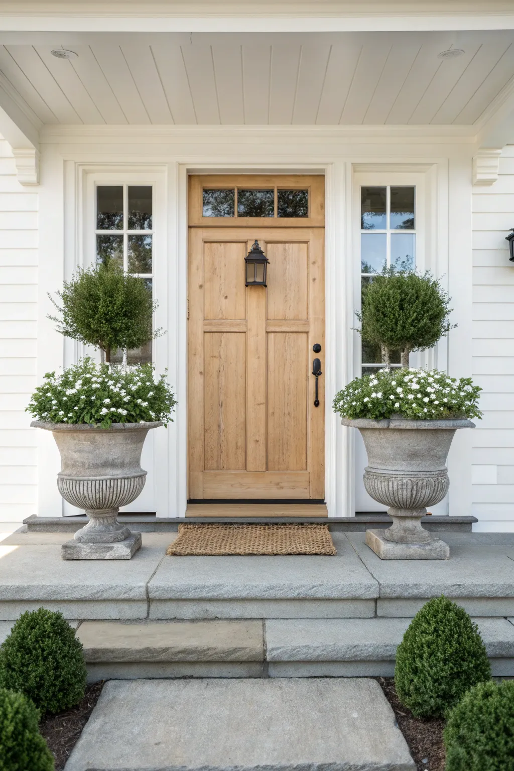Matching pedestal urns create a serene, symmetrical entry with clean Scandinavian style