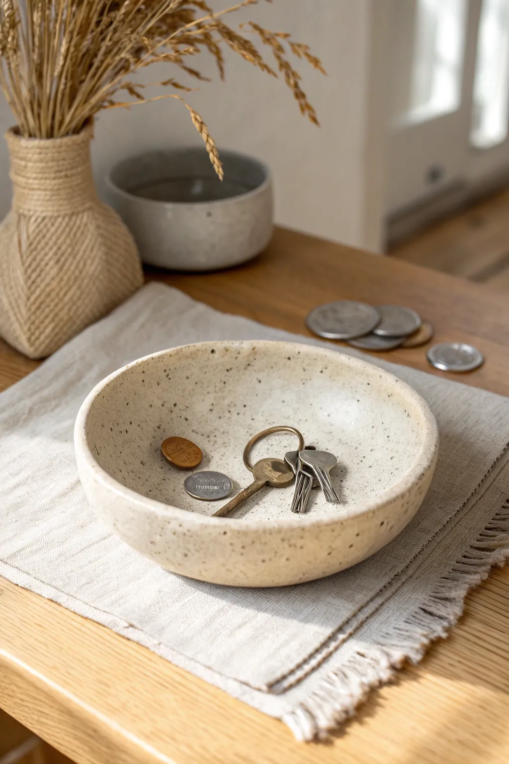 Handmade trinket bowl for keys and loose change, styled in soft neutral minimalist decor.