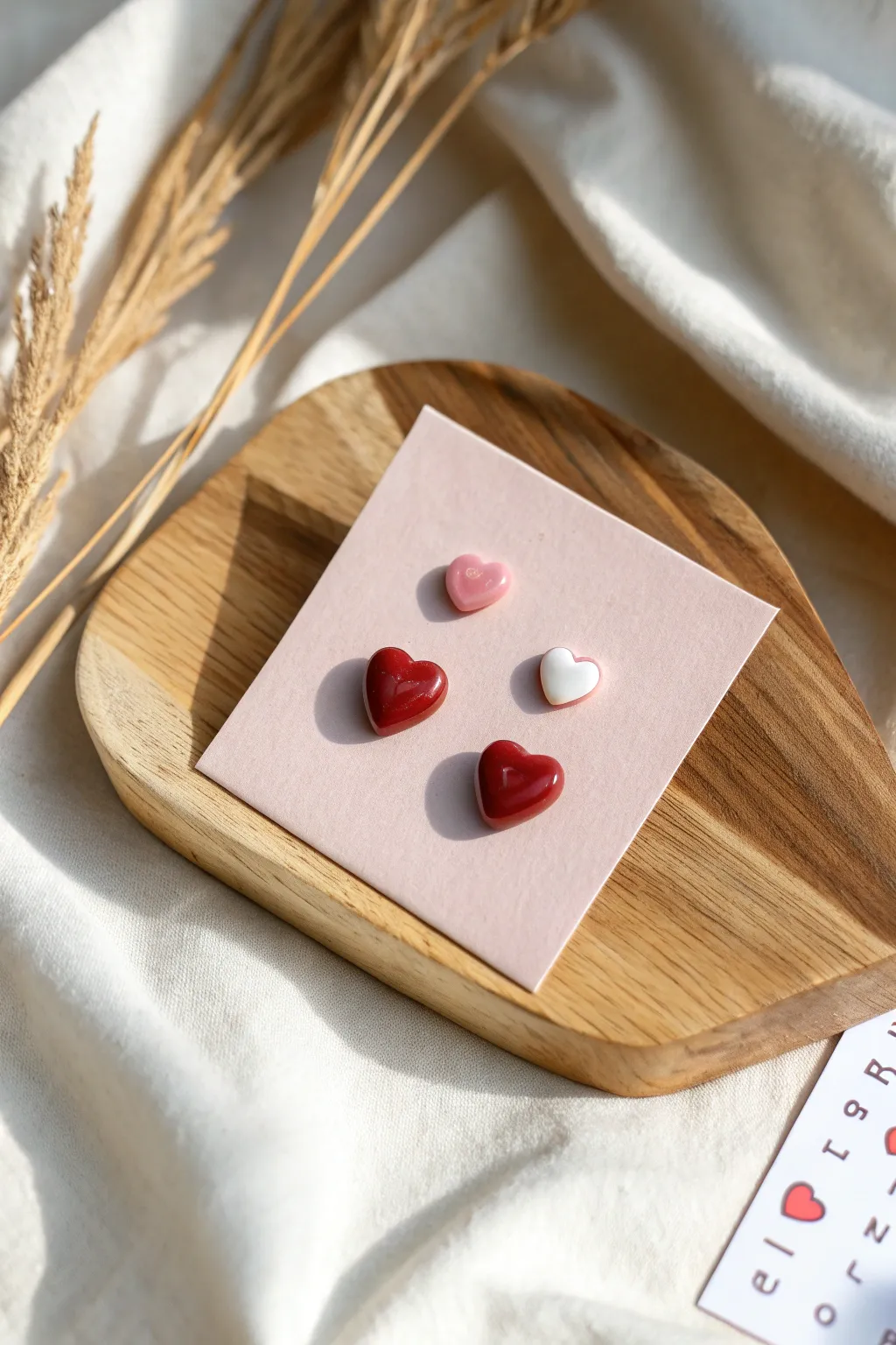 Glossy mini heart stud earrings in blush and red, styled on a neutral card for Valentine gifting