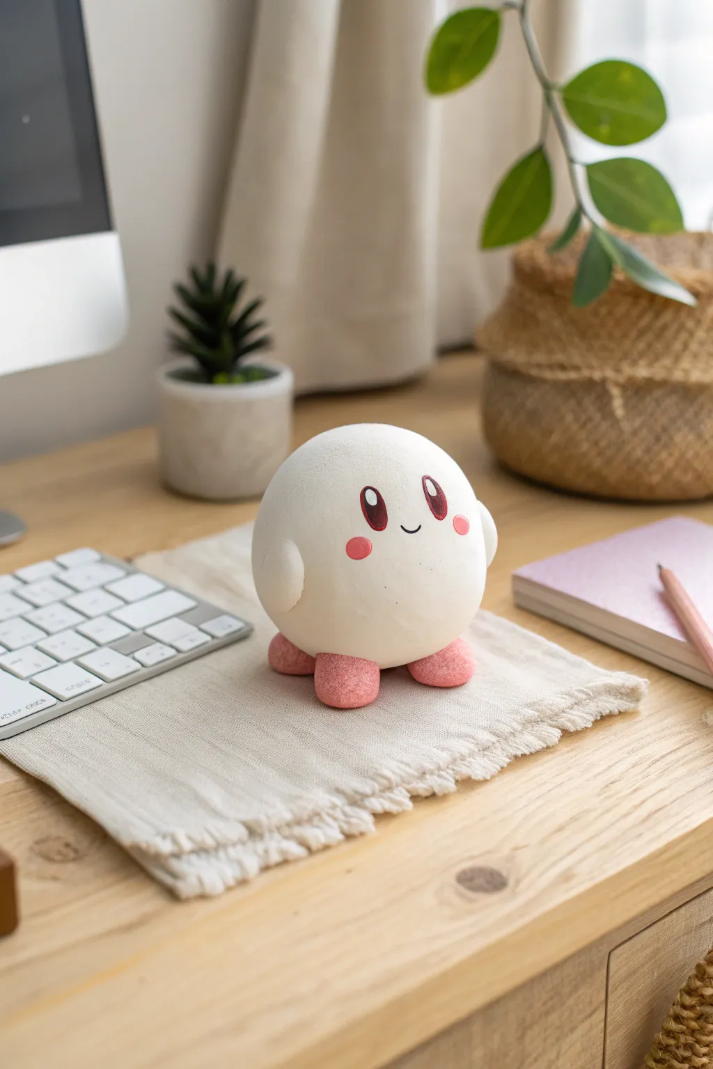 A cute round puffball clay desk buddy with blush cheeks in a calm Scandinavian boho style