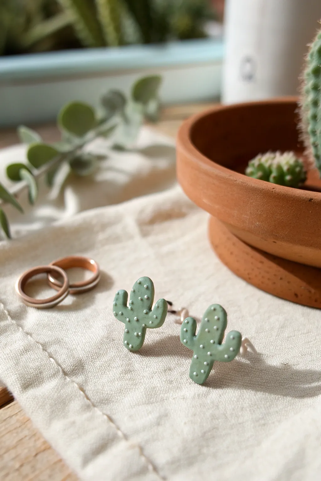Dusty green cactus stud earrings with matte finish, a sweet western touch for everyday wear.