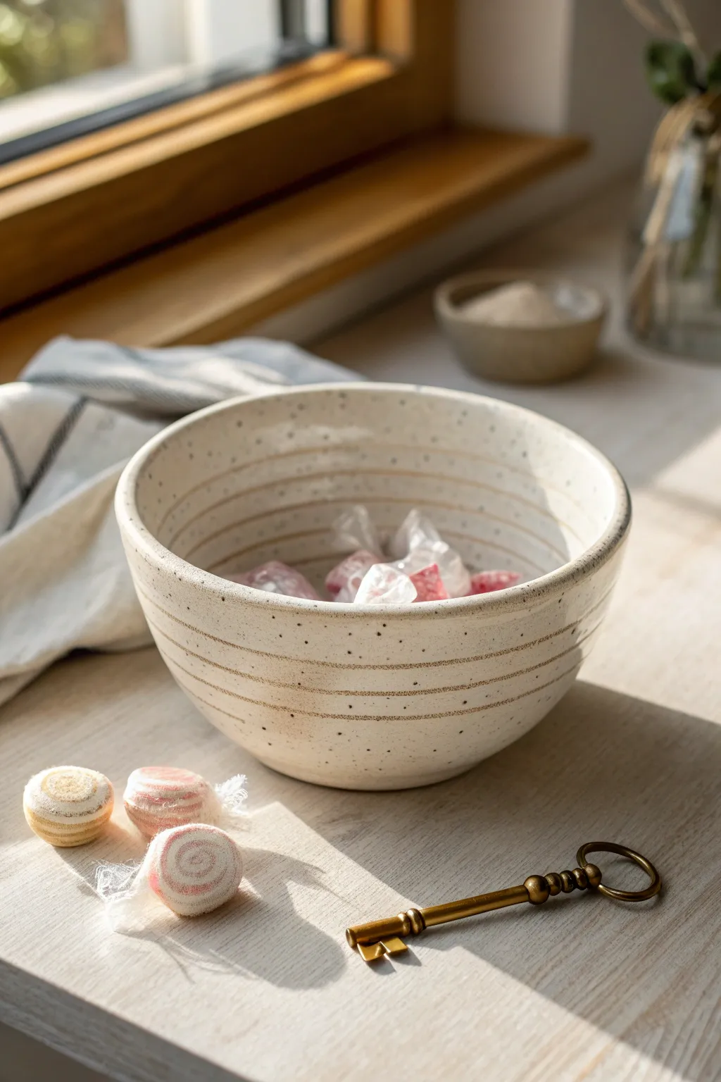 Classic handmade coil bowl on light wood, simple lines and soft tones with a touch of boho