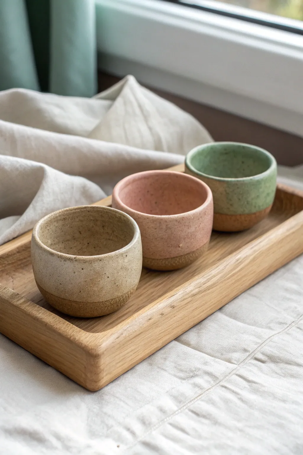 Three simple pinch pot trinket cups in calm earthy tones, perfect for jewelry and tiny finds.